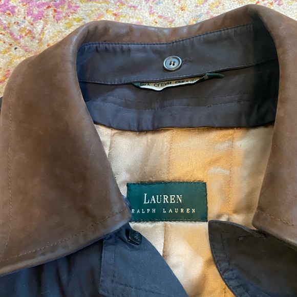 Ralph Lauren Black Trench Coat with Brown leather Collar - Picture 2 of 3
